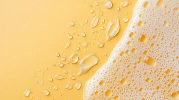 Close-up of vibrant yellow surface with bubbles and water droplets showcasing texture and detail in a refreshing composition photo