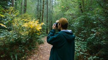 Young person captures nature with camera while exploring a lush forest trail during autumn photo