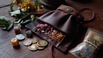 Leather pouch containing herbs and coins arranged on a rustic wooden table during a daytime gathering photo