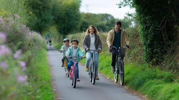 Family enjoys a leisurely bike ride through a scenic countryside path on a clear day in early autumn photo