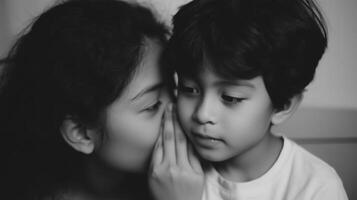 Sibling sharing a secret in a cozy indoor setting during a tender moment photo