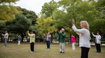 Group of individuals practicing tai chi in a serene park setting during early morning hours photo
