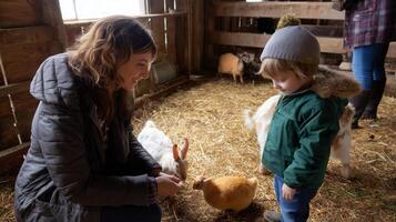 Family interaction in a barn with animals during a winter afternoon in a rural setting photo