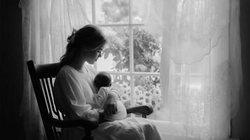 Mother lovingly holds her baby in a serene setting near a window adorned with soft curtains photo