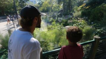 Father and child enjoying a sunny day at the zoo while observing animals in their habitat photo