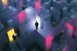 People navigating a digital maze filled with numbers and glowing elements during a surreal nighttime setting photo