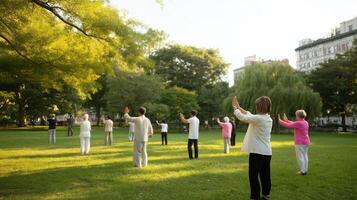 Group of seniors practicing tai chi in a park during sunset photo