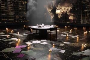 Mysterious dimly lit room with a central table covered in papers and illuminated by candles during an investigation photo