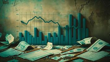 Financial analysis with bar graphs and scattered currency on a textured surface in a dimly lit environment photo