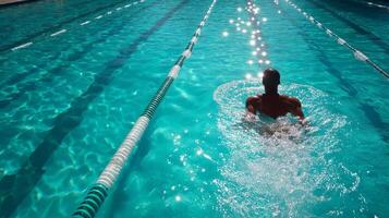 Swimmer practices strokes in a bright blue pool during midday sunlight near a recreational center photo