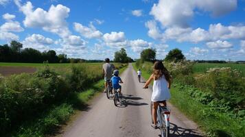 Family enjoys a sunny day cycling on a rural path surrounded by green fields and blue skies photo