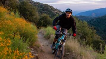 Mountain biker navigating a scenic trail surrounded by wildflowers at dusk in a mountainous region photo