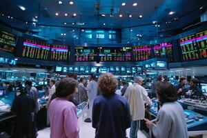 Busy trading floor with professionals analyzing market data during a lively stock exchange session photo