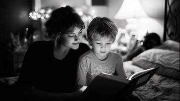 Mother reading a bedtime story to her son in a cozy dimly lit bedroom at night with soft lights creating a warm atmosphere photo