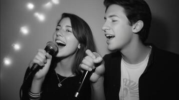Young adults enjoy karaoke singing together in a cozy indoor setting with festive lights at night photo