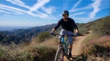 Mountain biker navigating a scenic trail in a sunny landscape with blue skies and distant hills photo