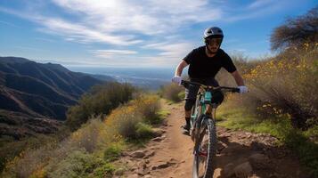 Mountain biker rides along a dirt trail in the hills during a sunny afternoon with stunning views of the valley below photo