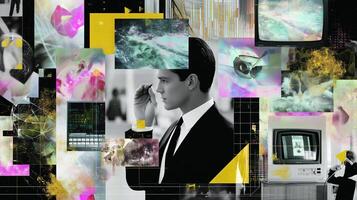 Dynamic collage featuring a man in a suit surrounded by vibrant digital visuals and multimedia elements photo