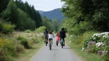 Kids riding bicycles through a scenic trail surrounded by trees and flowers on a sunny day in nature photo