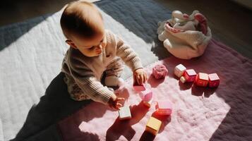 Baby playing with colorful building blocks on a soft rug during morning sunlight in a cozy indoor setting photo