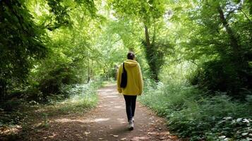 Bright green pathway featuring a person in a yellow hoodie walking through nature on a sunny day in a forest photo