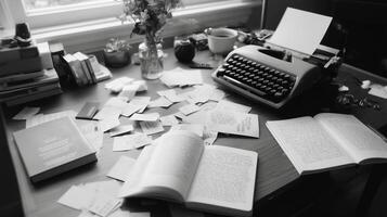 Creative writing workspace filled with notes, books, and a vintage typewriter in a cozy room during daylight photo