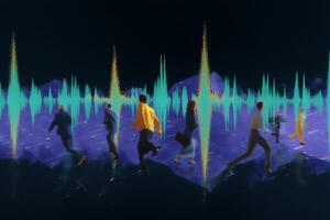 Figures moving dynamically across an abstract soundwave landscape in a vibrant digital representation at evening photo