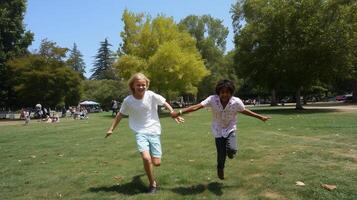 Children enjoy a joyful afternoon running together in a sunny park during summer photo