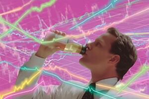 Business professional drinking from a bottle while surrounded by colorful financial graphs in a modern workspace photo