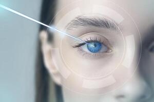 Close-up of blue eye undergoing medical procedure in a clinical setting showing technology and precision used for eye care photo