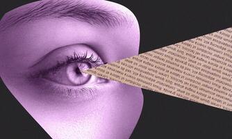 Eye with text projection showcasing focus on perception and information processing in a contemporary art style photo