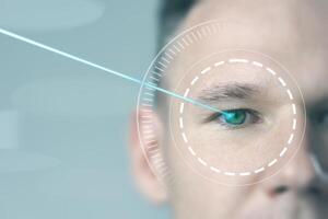 Focused light beam targeting human eye for advanced vision correction technology in a clinical setting photo