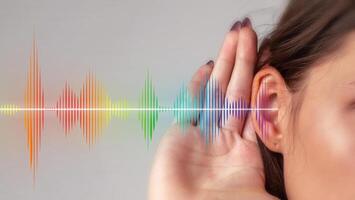 Listening to sounds and frequencies with waves in various colors at a studio setting photo