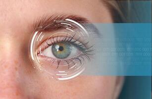 Visual representation of digital eye technology showcasing data patterns and a human eye with cyber elements for modern innovation photo