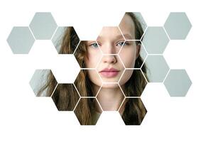 Creative art representation of a woman's face split into hexagonal sections in a minimalist style photo