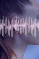Sound wave visualization overlaid on the side profile of a woman with a ponytail in a serene setting photo