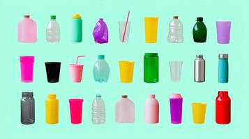 Variety of colorful plastic containers arranged on a bright background showcasing different shapes and sizes photo