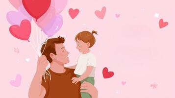 Father and daughter share a joyful moment with heart-shaped balloons on a pink background celebrating love photo