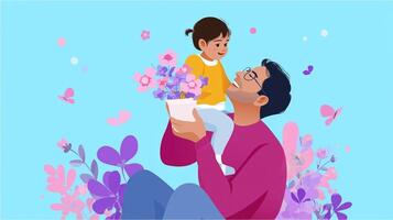 Father and daughter joyfully playing outdoors with flowers on a sunny day in a cheerful, colorful environment photo