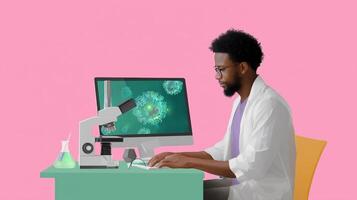 Scientist analyzing data at computer with microscope on desk against pink background in modern laboratory setting photo
