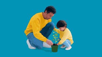Father and child engaged in planting a seedling together indoors on a bright blue background photo