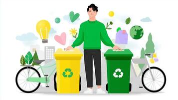 Man engages in recycling effort with two bins in urban setting while promoting environmental awareness photo