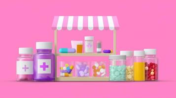 Medication stand showcasing various colorful bottles and tablets during a bright, cheerful setting photo