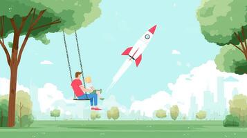 Father and child enjoy a swing set while a rocket launches into the sky on a sunny day in the park photo