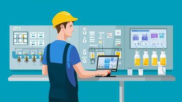 Worker monitors industrial process in a factory setting using digital control panel and equipment during daytime hours photo