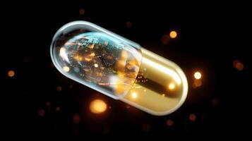 Floating capsule with glowing map representation symbolizing global health and technology convergence photo