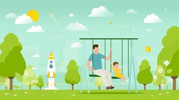 Father and child enjoying a sunny day on a swing in a vibrant park with trees and a rocket in the background photo