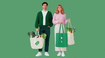 Couple holding reusable grocery bags filled with fresh vegetables in a studio setting photo