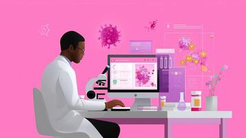 Research scientist analyzes viral data on a computer screen in a modern laboratory setting during the daytime photo