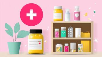 Bright display of various health supplements and medications in a modern setting with a playful aesthetic photo